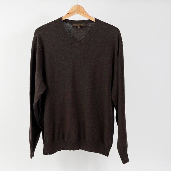Sebastian Cooper Cashmere Cotton Blend V Neck Sweater, Chocolate Brown, Size M - Picture 1 of 5